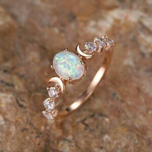 NEW 14k Rose Gold White Opal Diamond Ring Dainty Moon Ring Band